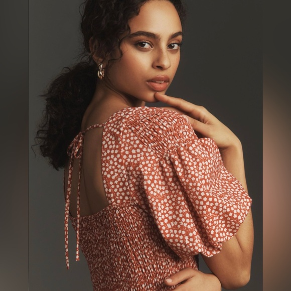 By Anthropologie | Puff-Sleeve Smocked Poplin Midi Dress NWT - Picture 2 of 8